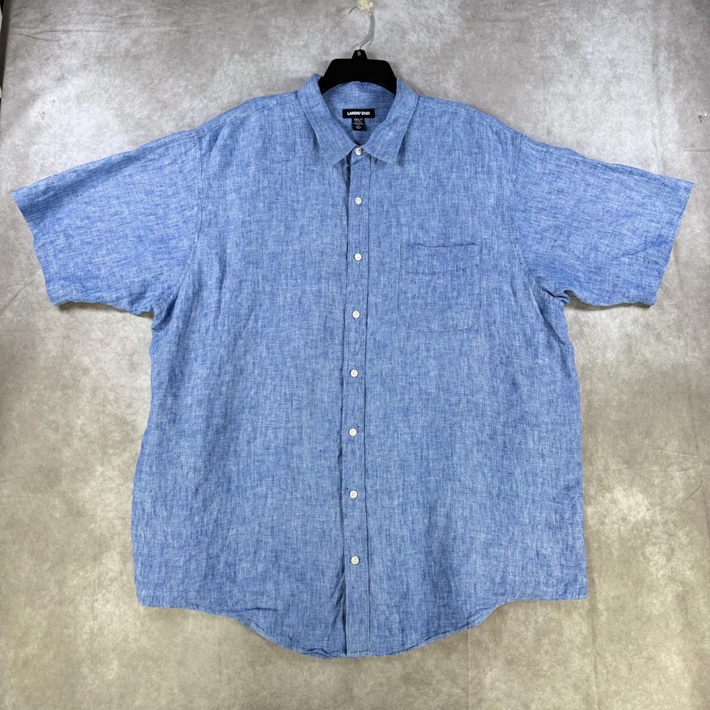 Lands End Button Shirt Men 2XL/T Blue Linen Traditional Fit Casual Beach Coastal